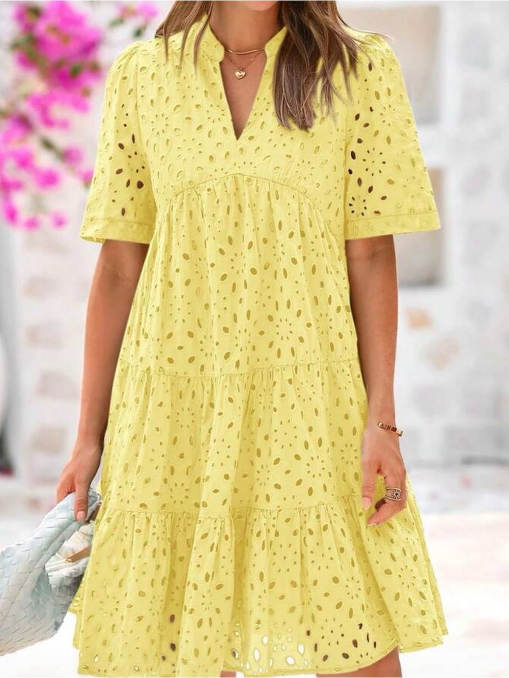 Yellow Eyelet Tiered Summer Dress - Women